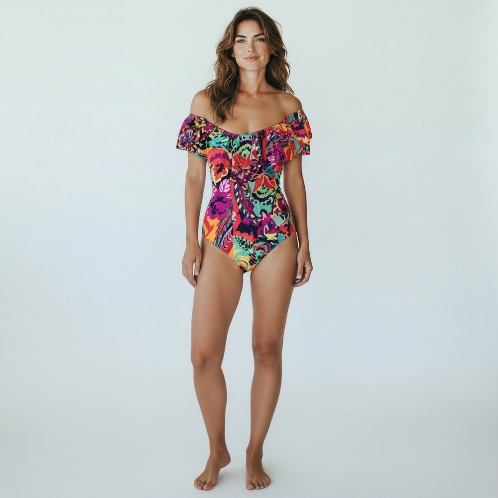 Tahari Ruffle Bandeau One Piece Swimsuit Multi Color Floral Off Shoulder Small